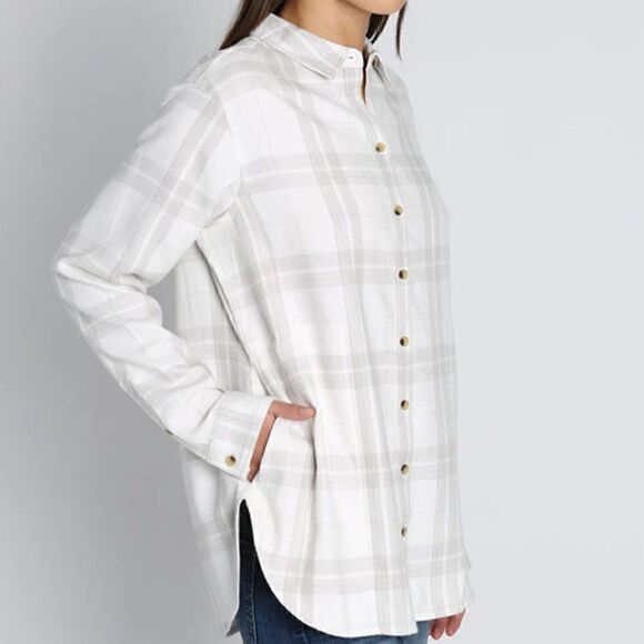 JACHS Girlfriend Ivory Plaid Flannel Size L - Picture 1 of 6